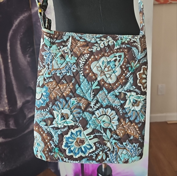 Vera Bradley JAVA BLUE Brown Floral Paisley Shoulder Bag Crossbody Purse Pockets - Picture 1 of 12